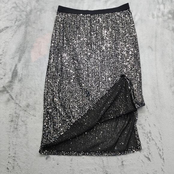 Rafaella Skirt Womens M Black Silver Sequin Midi Pull On Stretch Side Slit Party - Picture 2 of 9